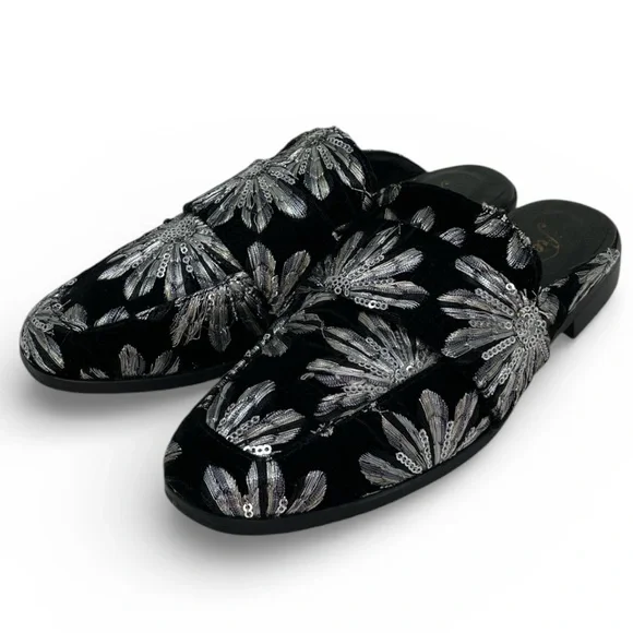 Free People Shoes Black Velvet Mules Silver Embroidered Flowers Size 36 6 - Picture 2 of 14